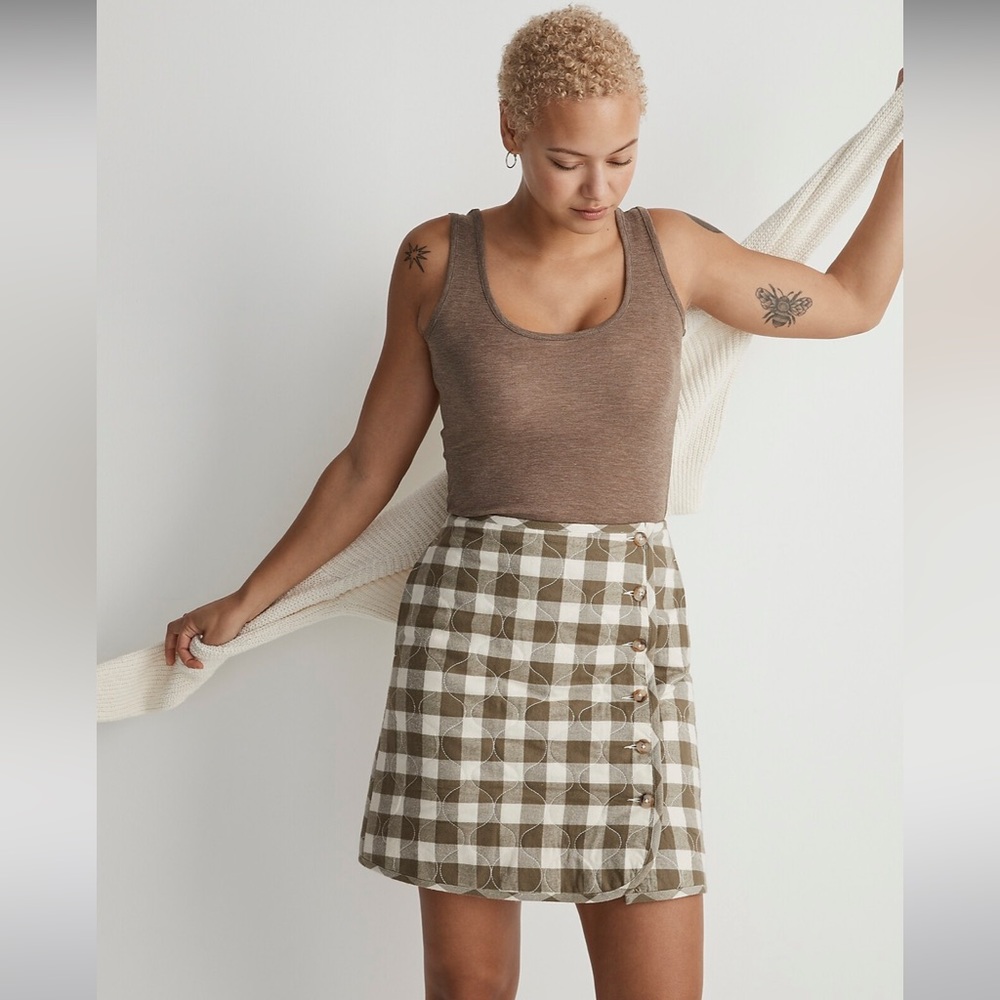NWOT Madewell  Quilted Flannel Mini Skirt in Gingham Check - Size 0 -Ivory & Tan